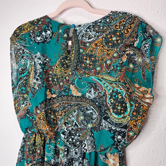 Paisley Print Green Dress Sheer Overlay Sleeveless Party Cocktail Autumn Harvest - Picture 9 of 12